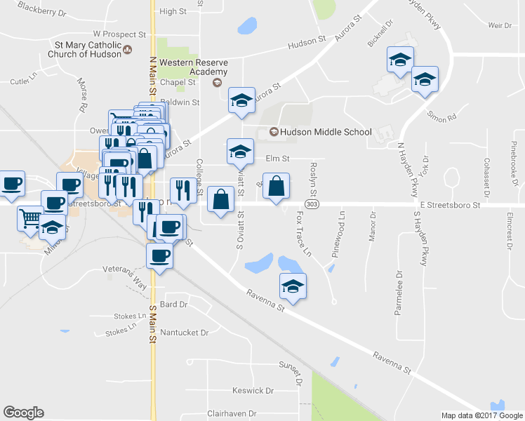 map of restaurants, bars, coffee shops, grocery stores, and more near 126 East Streetsboro Street in Hudson