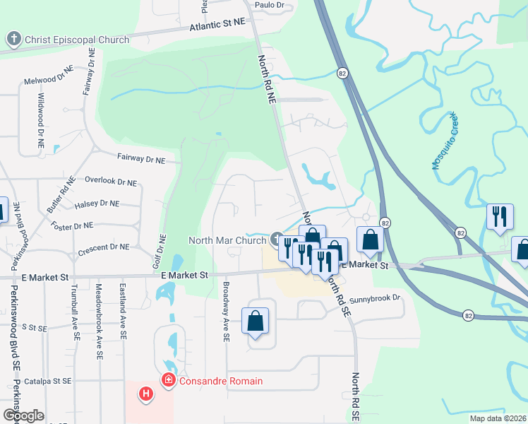 map of restaurants, bars, coffee shops, grocery stores, and more near 320 Hawthorne Lane Northeast in Warren