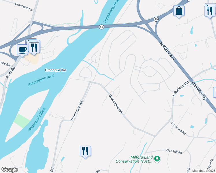 map of restaurants, bars, coffee shops, grocery stores, and more near 21 Acorn Lane in Milford