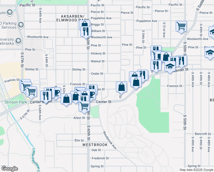map of restaurants, bars, coffee shops, grocery stores, and more near 5636 Dorcas Street in Omaha