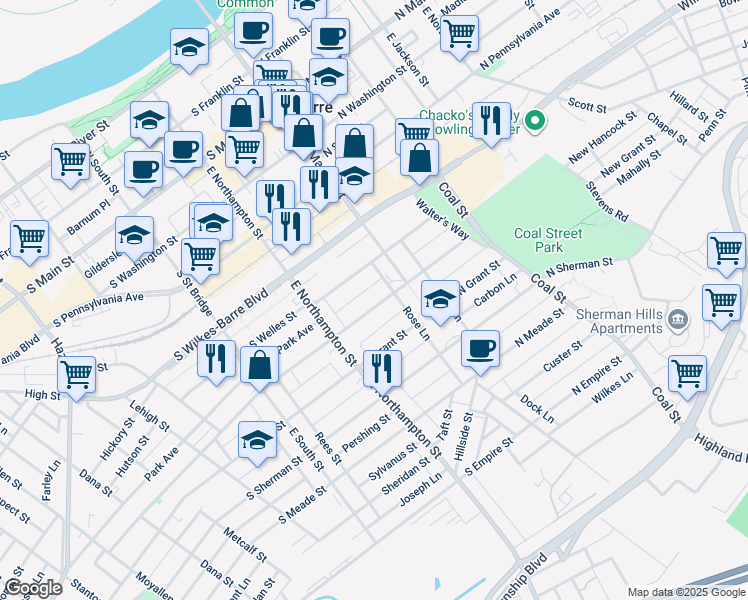 map of restaurants, bars, coffee shops, grocery stores, and more near 41 South Hancock Street in Wilkes-Barre