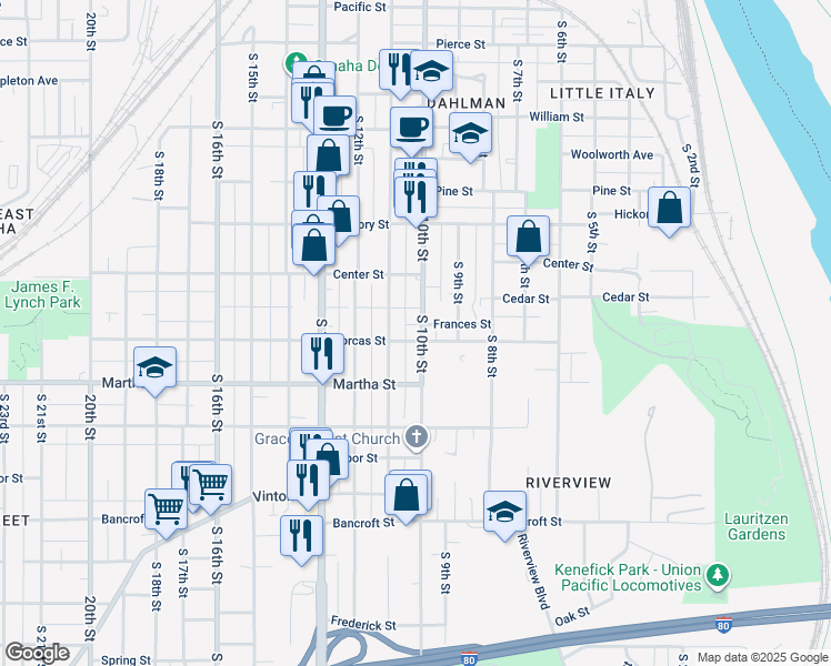 map of restaurants, bars, coffee shops, grocery stores, and more near 2108 South 10th Street in Omaha