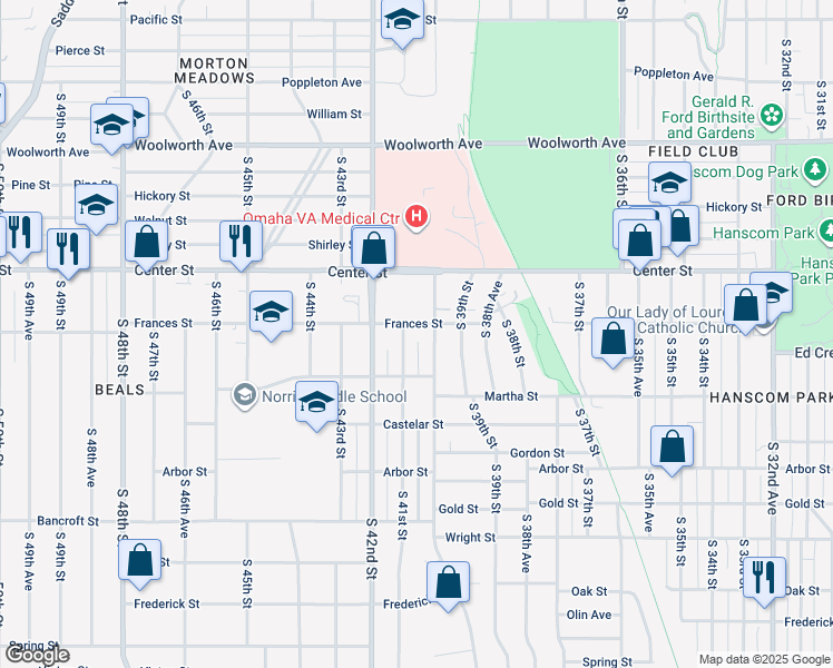 map of restaurants, bars, coffee shops, grocery stores, and more near 2111 South 41st Street in Omaha