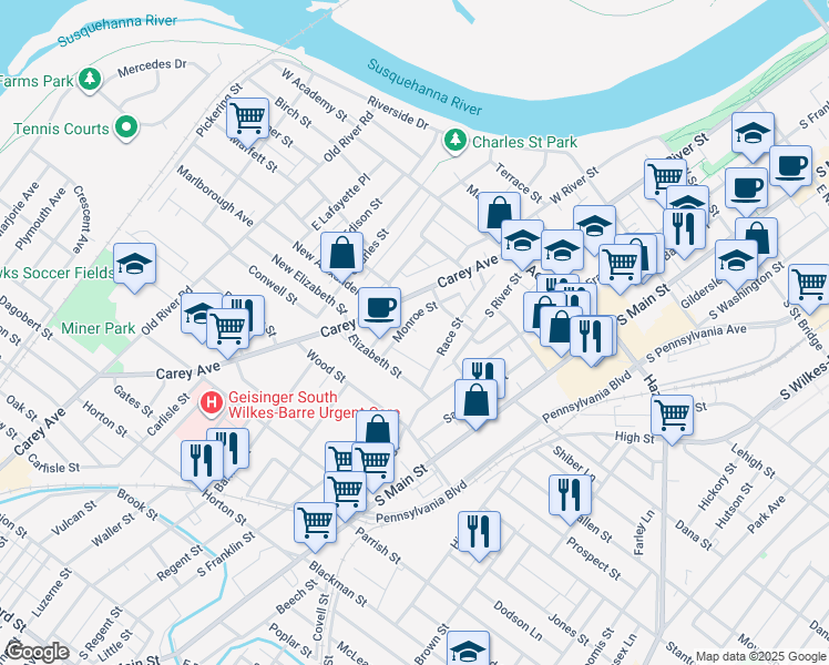map of restaurants, bars, coffee shops, grocery stores, and more near 42 Monroe Street in Wilkes-Barre