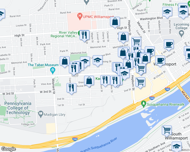 map of restaurants, bars, coffee shops, grocery stores, and more near 619 West 4th Street in Williamsport