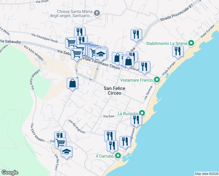 map of restaurants, bars, coffee shops, grocery stores, and more near 101 Via Poniatowskj in San Felice Circeo