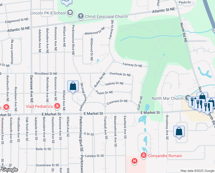 map of restaurants, bars, coffee shops, grocery stores, and more near 3014 Halsey Drive Northeast in Warren