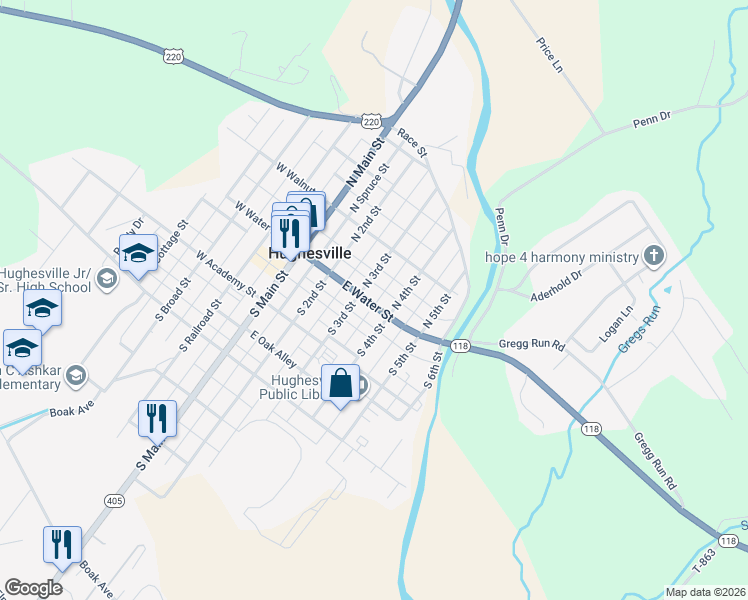 map of restaurants, bars, coffee shops, grocery stores, and more near 35-55 North 4th Street in Hughesville