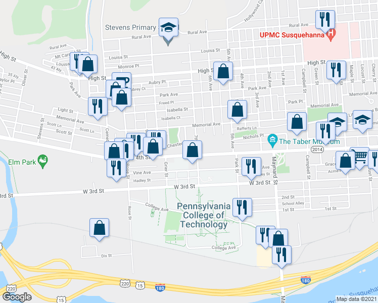 map of restaurants, bars, coffee shops, grocery stores, and more near 1112 West 4th Street in Williamsport