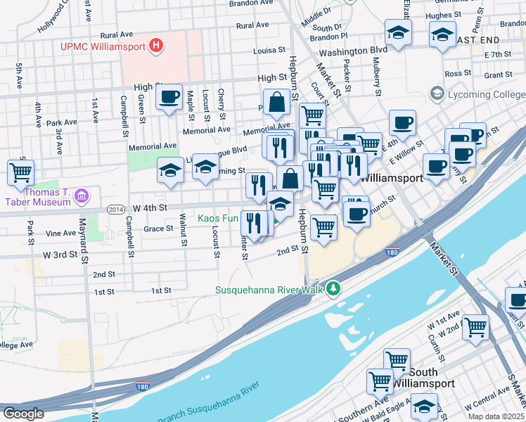 map of restaurants, bars, coffee shops, grocery stores, and more near 407 West 4th Street in Williamsport