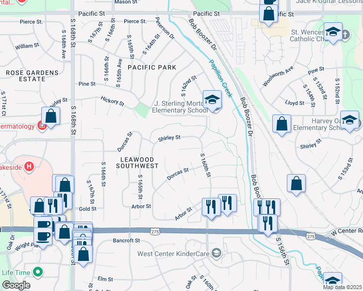map of restaurants, bars, coffee shops, grocery stores, and more near 16136 Cedar Circle in Omaha