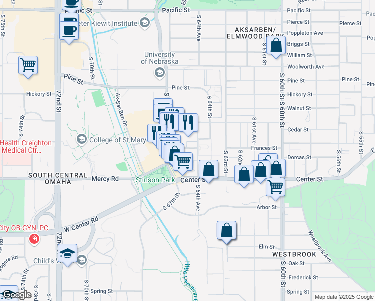 map of restaurants, bars, coffee shops, grocery stores, and more near 6457 Frances Street in Omaha