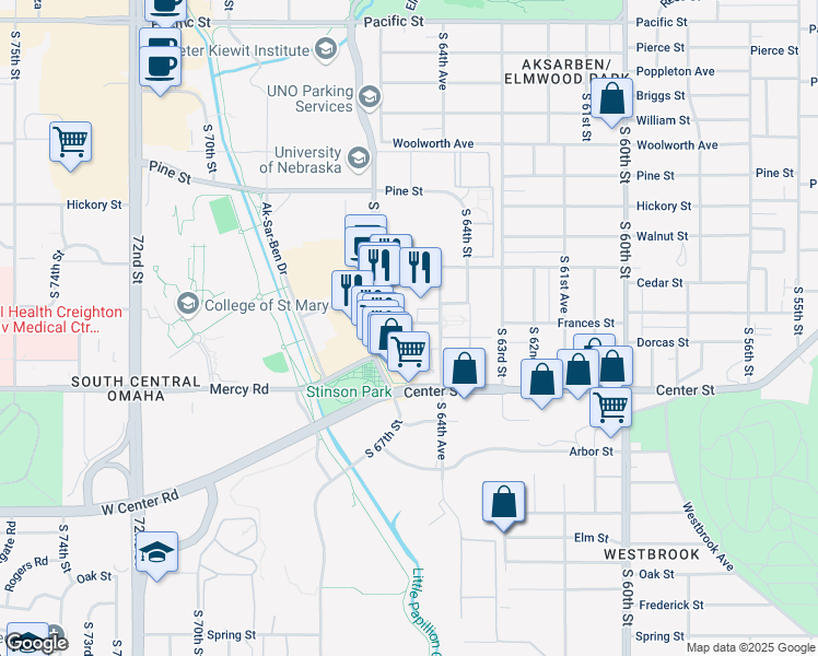 map of restaurants, bars, coffee shops, grocery stores, and more near 6947 Frances Street in Omaha