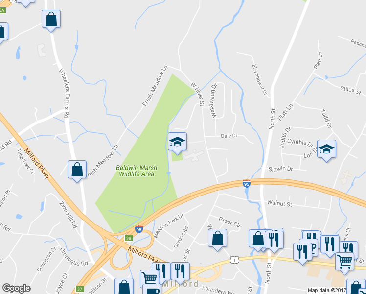 map of restaurants, bars, coffee shops, grocery stores, and more near 44 Randolph Farm Road in Milford