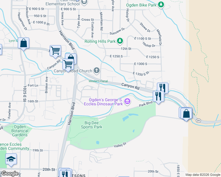 map of restaurants, bars, coffee shops, grocery stores, and more near 1517 Taylor Avenue in Ogden