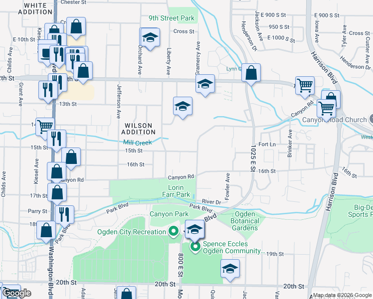 map of restaurants, bars, coffee shops, grocery stores, and more near 813 East 1500 South Street in Ogden