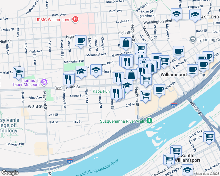 map of restaurants, bars, coffee shops, grocery stores, and more near 332 Center Street in Williamsport