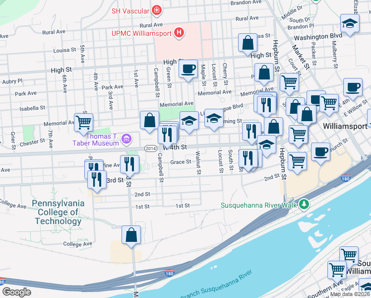 map of restaurants, bars, coffee shops, grocery stores, and more near 709 Rowley Place in Williamsport