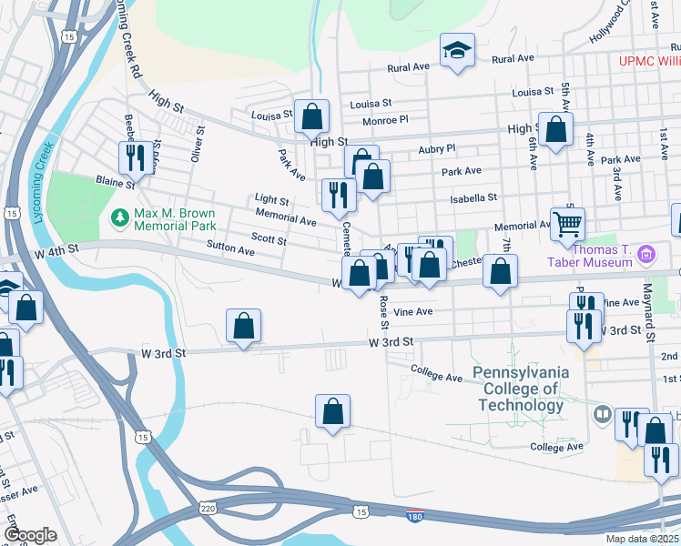 map of restaurants, bars, coffee shops, grocery stores, and more near in Williamsport