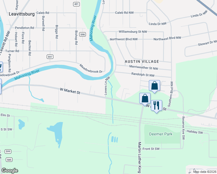 map of restaurants, bars, coffee shops, grocery stores, and more near 220 Lovers Lane Northwest in Warren