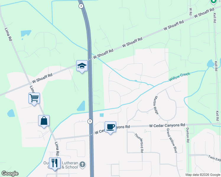 map of restaurants, bars, coffee shops, grocery stores, and more near 17000 Willow Ridge Trail in Fort Wayne