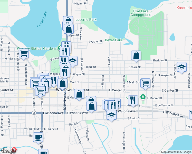map of restaurants, bars, coffee shops, grocery stores, and more near 711 East Main Street in Warsaw