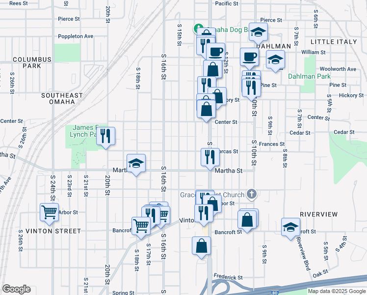 map of restaurants, bars, coffee shops, grocery stores, and more near 1420 Dorcas Street in Omaha