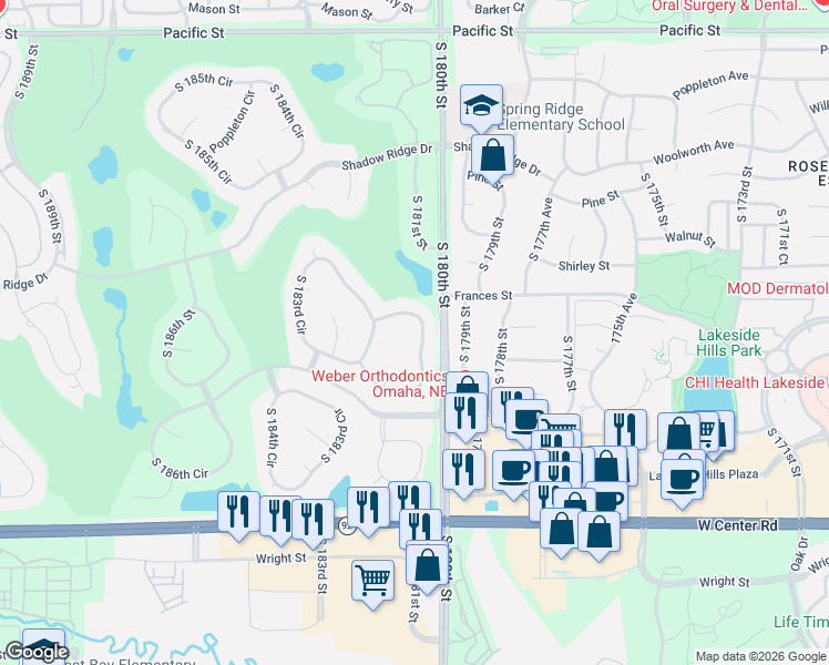 map of restaurants, bars, coffee shops, grocery stores, and more near 2116 South 181st Circle in Omaha