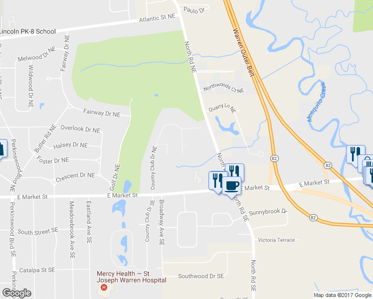 map of restaurants, bars, coffee shops, grocery stores, and more near 320 Hawthorne Lane Northeast in Warren