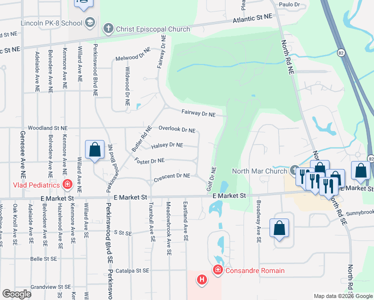 map of restaurants, bars, coffee shops, grocery stores, and more near 3224 Halsey Drive Northeast in Warren