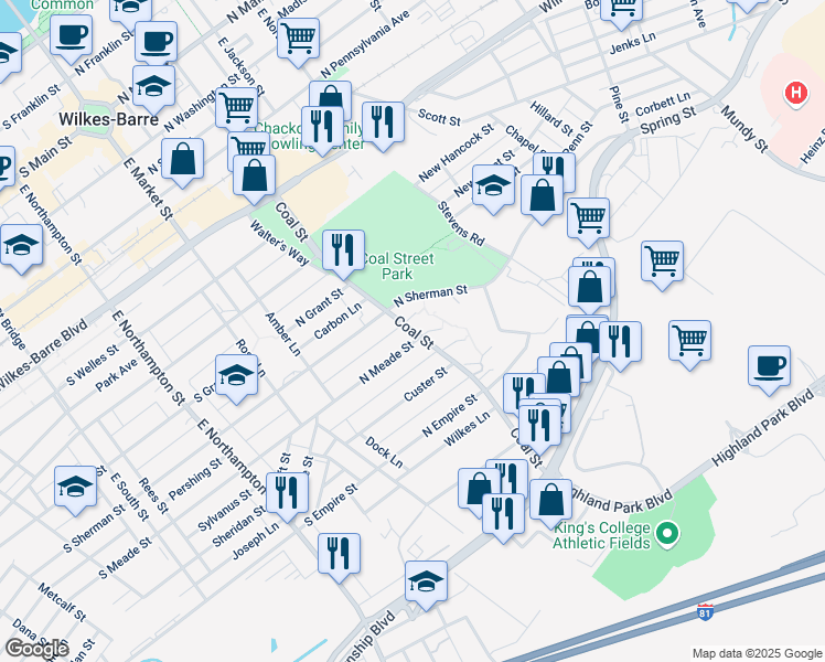 map of restaurants, bars, coffee shops, grocery stores, and more near 170 Coal Street in Wilkes-Barre