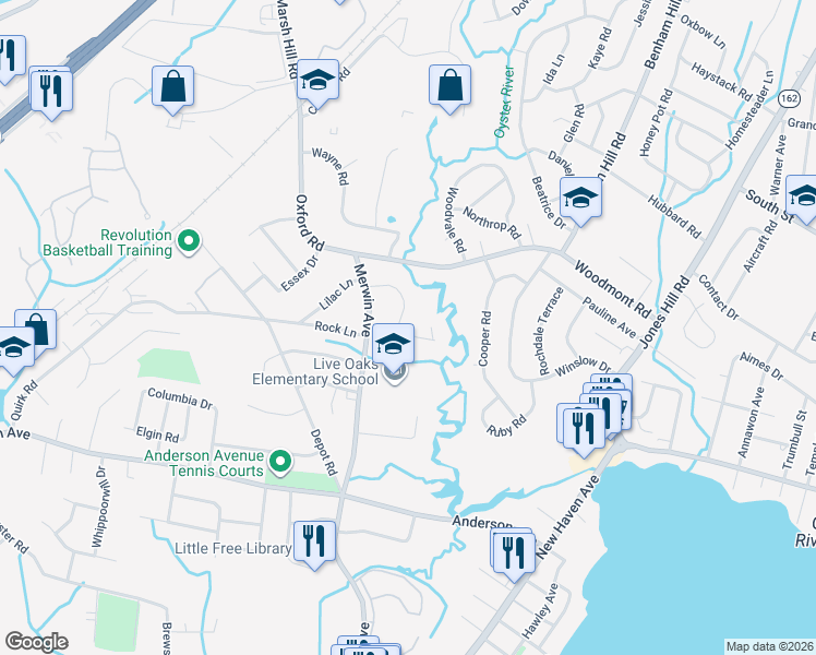 map of restaurants, bars, coffee shops, grocery stores, and more near 68 Live Oaks Road in Milford
