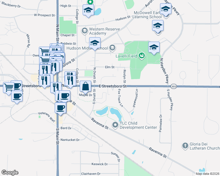 map of restaurants, bars, coffee shops, grocery stores, and more near 126 East Streetsboro Street in Hudson