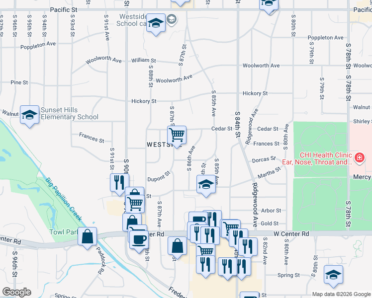 map of restaurants, bars, coffee shops, grocery stores, and more near 2105 South 87th Street in Omaha
