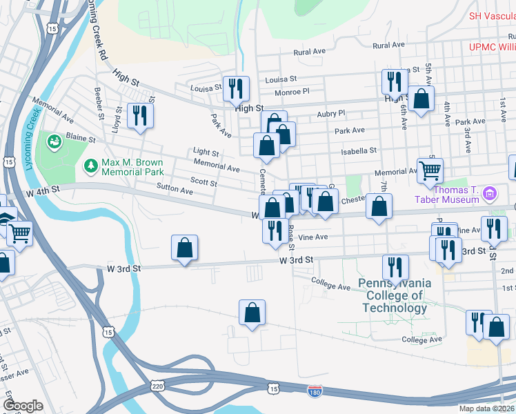 map of restaurants, bars, coffee shops, grocery stores, and more near 1400 West 4th Street in Williamsport