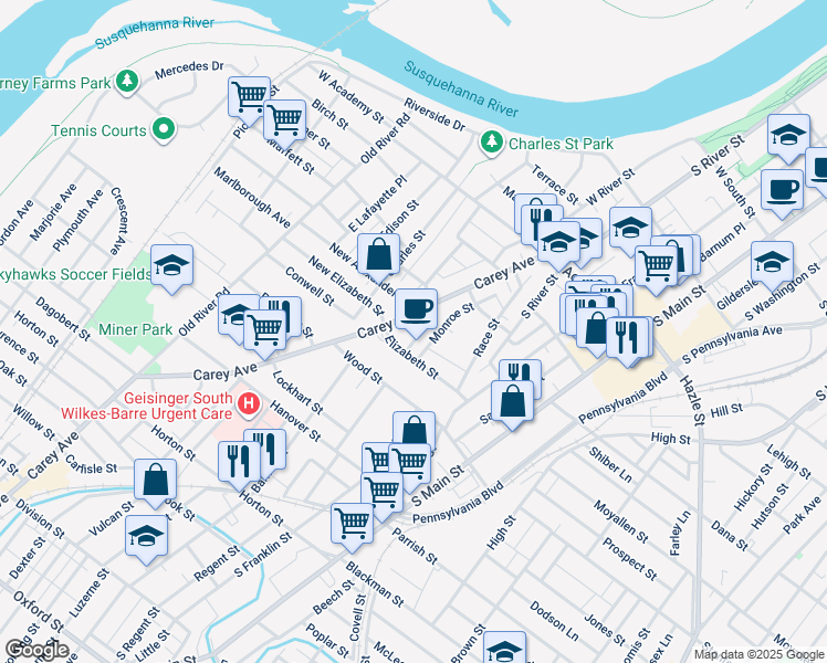 map of restaurants, bars, coffee shops, grocery stores, and more near 31 Alexander Street in Wilkes-Barre