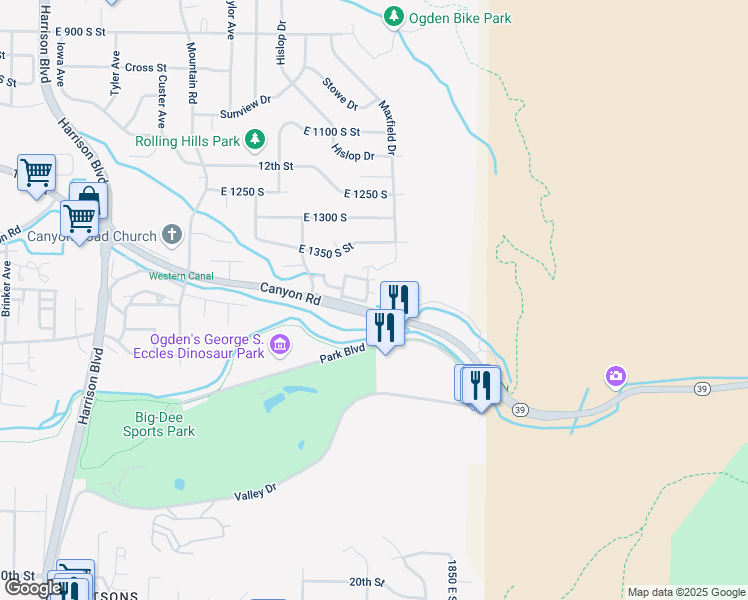 map of restaurants, bars, coffee shops, grocery stores, and more near 1701 East 1470 South in Ogden