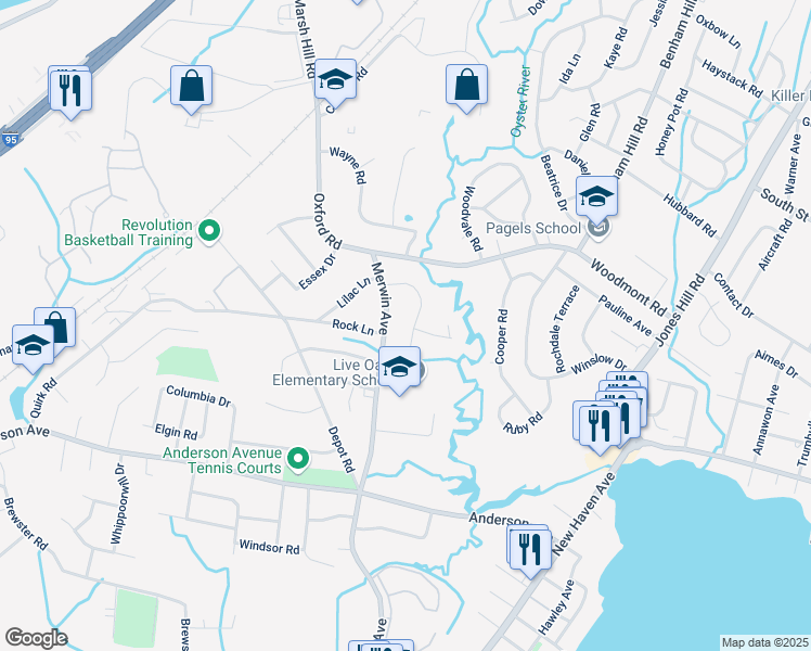 map of restaurants, bars, coffee shops, grocery stores, and more near 68 Live Oaks Road in Milford