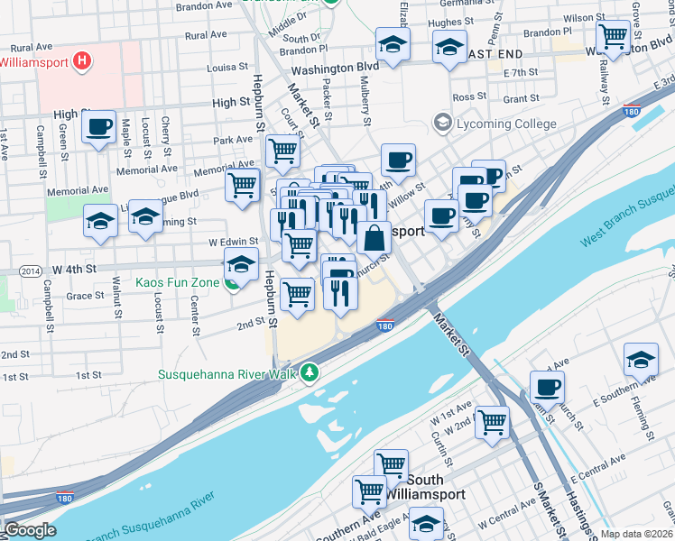 map of restaurants, bars, coffee shops, grocery stores, and more near 135 West 3rd Street in Williamsport