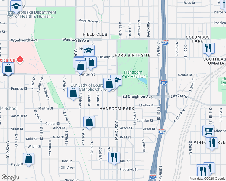 map of restaurants, bars, coffee shops, grocery stores, and more near 2110 South 32nd Avenue in Omaha