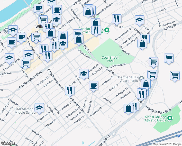 map of restaurants, bars, coffee shops, grocery stores, and more near 50 North Sherman Street in Wilkes-Barre