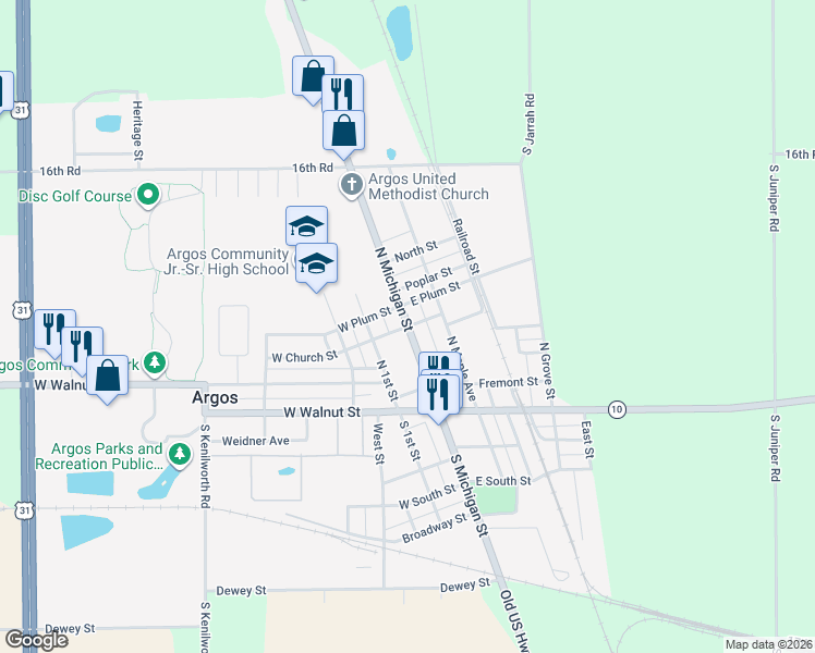 map of restaurants, bars, coffee shops, grocery stores, and more near 101 West Church Street in Argos