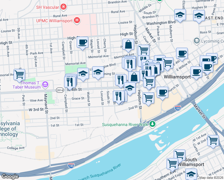 map of restaurants, bars, coffee shops, grocery stores, and more near 501 West 4th Street in Williamsport