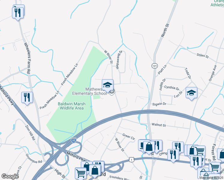 map of restaurants, bars, coffee shops, grocery stores, and more near 478 West River Street in Milford