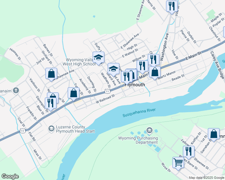 map of restaurants, bars, coffee shops, grocery stores, and more near 165 West Main Street in Plymouth
