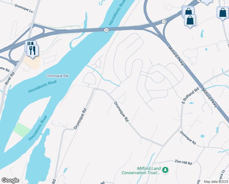 map of restaurants, bars, coffee shops, grocery stores, and more near 27 Acorn Lane in Milford