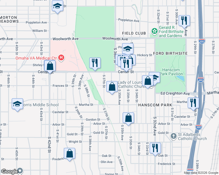 map of restaurants, bars, coffee shops, grocery stores, and more near 3603 Frances Street in Omaha