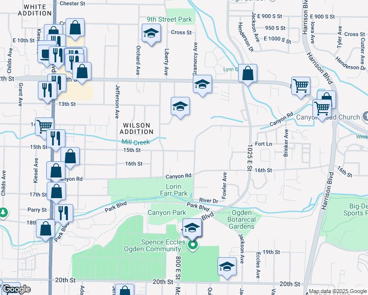 map of restaurants, bars, coffee shops, grocery stores, and more near 813 East 1500 South Street in Ogden