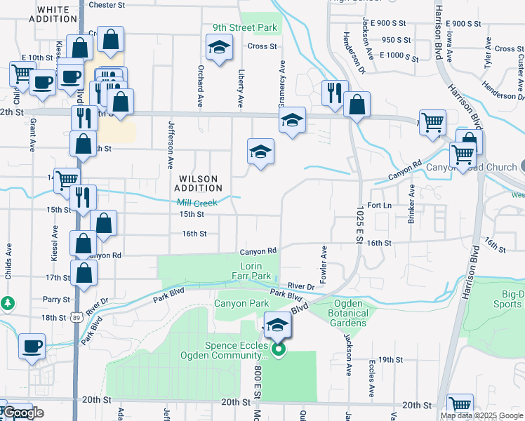 map of restaurants, bars, coffee shops, grocery stores, and more near 813 East 1500 South Street in Ogden