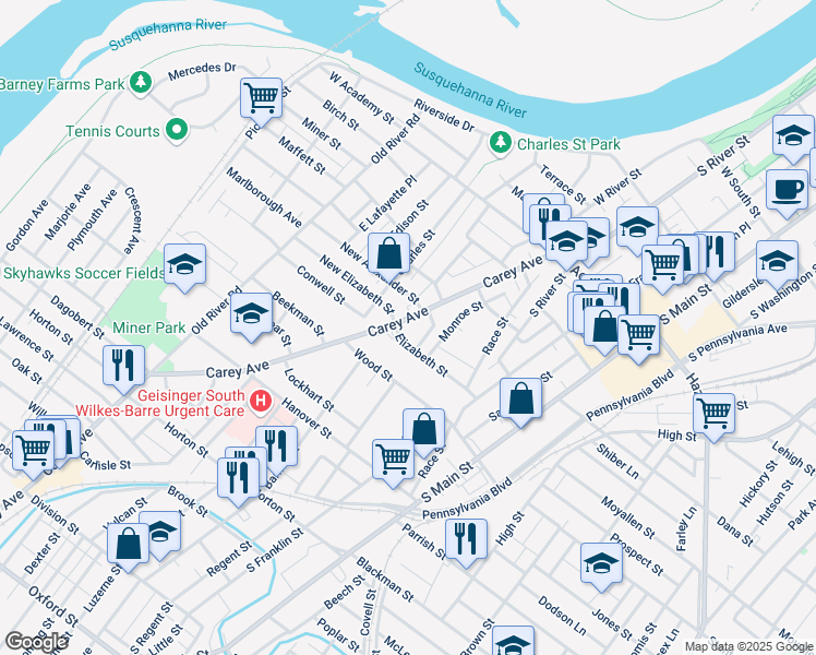 map of restaurants, bars, coffee shops, grocery stores, and more near 200-1-4 Carey Avenue in Wilkes-Barre